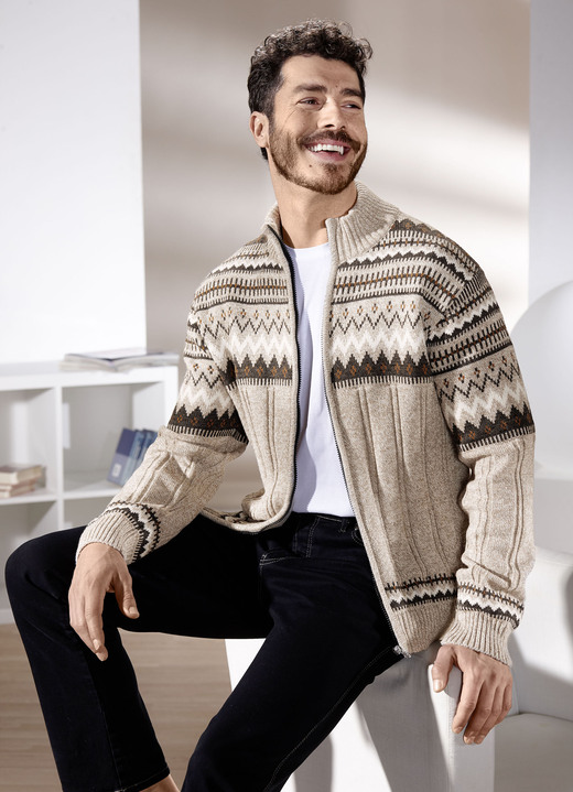 Hemden, Pullover & Shirts - Jacke mit durchgehendem Reißverschluss, in Größe 046 bis 062, in Farbe BEIGE-BRAUN MELIERT Ansicht 1