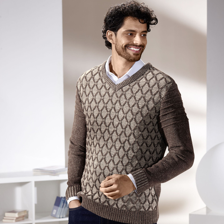 Hemden, Pullover & Shirts -  Melierter V-Pullover, in Größe 046 bis 062, in Farbe BEIGE-BRAUN MELIERT Ansicht 3