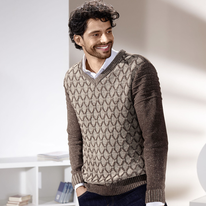 Hemden, Pullover & Shirts -  Melierter V-Pullover, in Größe 046 bis 062, in Farbe BEIGE-BRAUN MELIERT Ansicht 2
