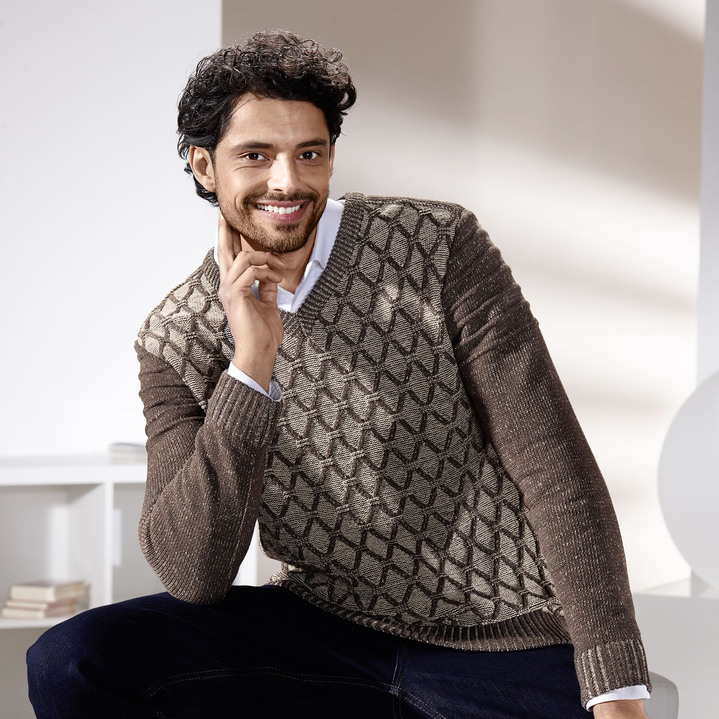 Hemden, Pullover & Shirts -  Melierter V-Pullover, in Größe 046 bis 062, in Farbe BEIGE-BRAUN MELIERT Ansicht 1