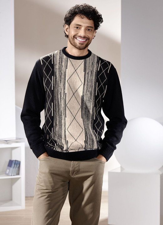 Hemden, Pullover & Shirts - Rundhalspullover mit Jacquarddessin, in Größe 046 bis 062, in Farbe SCHWARZ-BEIGE Ansicht 1