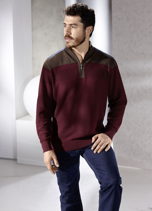 Hemden, Pullover & Shirts - Stehkragenpullover mit Strukturmix, in Größe 046 bis 062, in Farbe WEINROT-BRAUN MELIERT Ansicht 1
