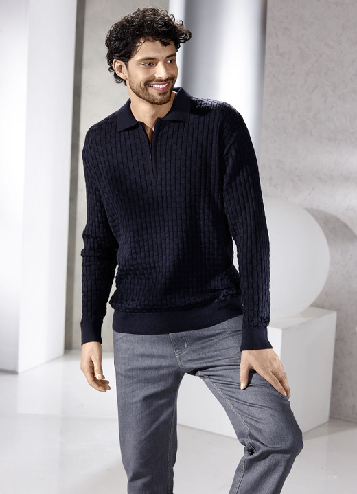 Hemden, Pullover & Shirts - Polopullover mit kurzem Reißverschluss in 3 Farben, in Größe 046 bis 062, in Farbe MARINE Ansicht 1
