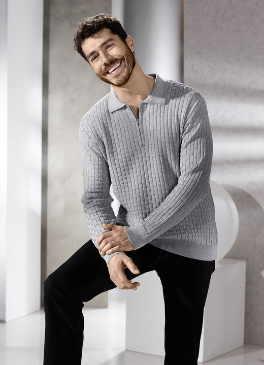 Hemden, Pullover & Shirts - Polopullover mit kurzem Reißverschluss in 3 Farben, in Größe 046 bis 062, in Farbe HELLGRAU MELIERT Ansicht 1