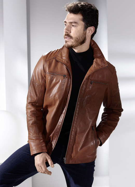 Ledermode - Lederkurzjacke mit Stehumlegekragen, in Größe 048 bis 062, in Farbe ANTIKCOGNAC Ansicht 2