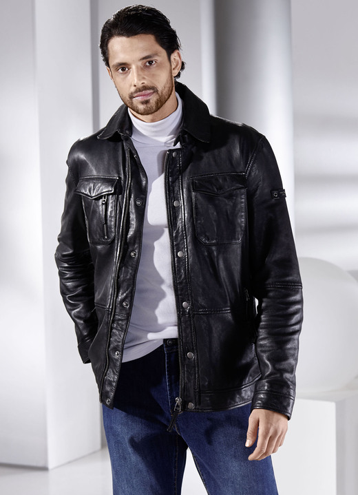 Ledermode - Lederkurzjacke von „Cabrini“, in Größe 048 bis 060, in Farbe ANTIK SCHWARZ Ansicht 2