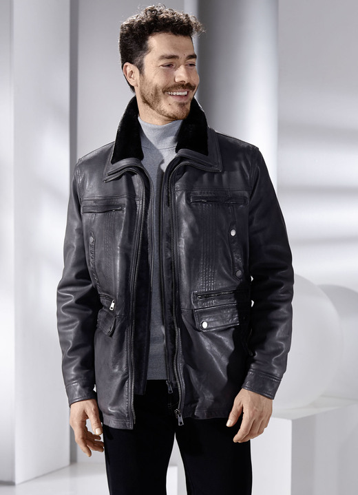 Ledermode - Lederjacke mit abtrennbarem Webpelzkragen Ansicht 5 Ledermode - Lederjacke mit abtrennbarem Webpelzkragen, in Größe 048 bis 064, in Farbe ANTHRAZIT ANTIK Ansicht 5