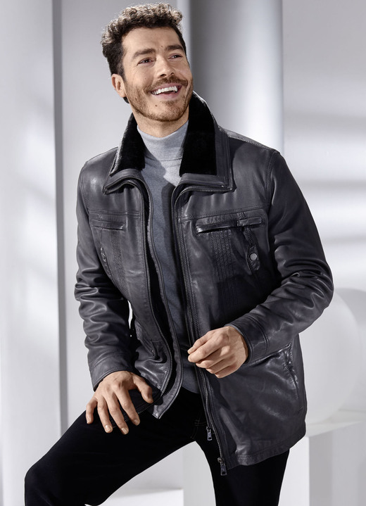 Ledermode - Lederjacke mit abtrennbarem Webpelzkragen Ledermode - Lederjacke mit abtrennbarem Webpelzkragen, in Größe 048 bis 064, in Farbe ANTHRAZIT ANTIK
