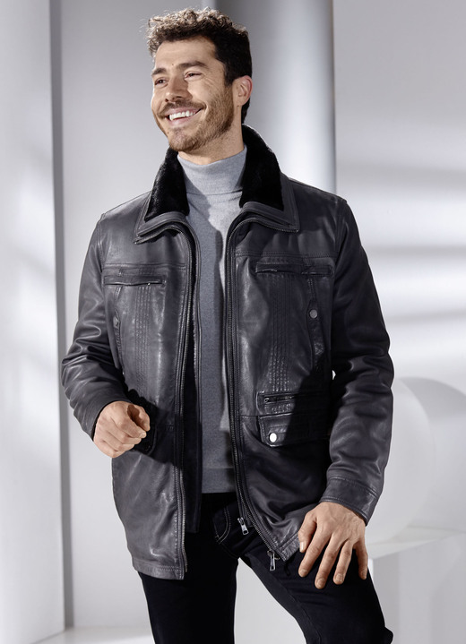 Ledermode - Lederjacke mit abtrennbarem Webpelzkragen Ansicht 4 Ledermode - Lederjacke mit abtrennbarem Webpelzkragen, in Größe 048 bis 064, in Farbe ANTHRAZIT ANTIK Ansicht 4