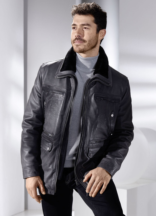 Ledermode - Lederjacke mit abtrennbarem Webpelzkragen Ansicht 3 Ledermode - Lederjacke mit abtrennbarem Webpelzkragen, in Größe 048 bis 064, in Farbe ANTHRAZIT ANTIK Ansicht 3
