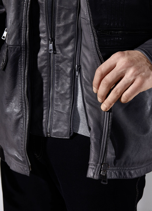 Ledermode - Lederjacke mit abtrennbarem Webpelzkragen Ansicht 2 Ledermode - Lederjacke mit abtrennbarem Webpelzkragen, in Größe 048 bis 064, in Farbe ANTHRAZIT ANTIK Ansicht 2