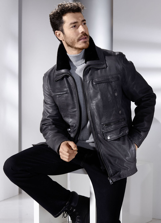 Ledermode - Lederjacke mit abtrennbarem Webpelzkragen Ansicht 6 Ledermode - Lederjacke mit abtrennbarem Webpelzkragen, in Größe 048 bis 064, in Farbe ANTHRAZIT ANTIK Ansicht 6