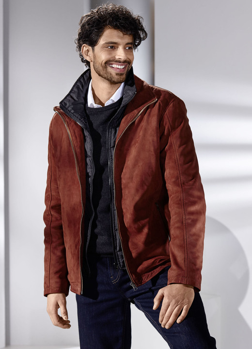 Ledermode - Lederkurzjacke mit Innentaschen, in Größe 048 bis 062, in Farbe ZIEGELROT Ansicht 1