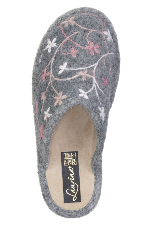 Hausschuhe - Laurina, leichte Damen-Hausschuhe, mit bunter Blüten-Stickerei, in Größe 036 bis 042, in Farbe GRAU Ansicht 2