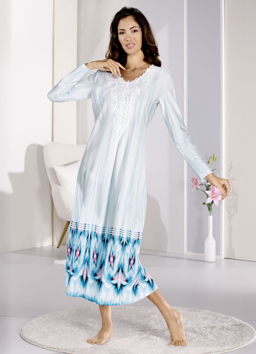 Nachthemden - Knöchellanges Laurina Nachthemd mit Motivspitze , in Größe 036 bis 056, in Farbe BLEU-WEISS-BUNT