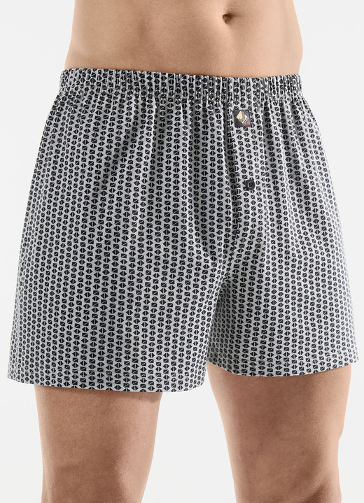 Unterwäsche - Fünferpack Boxershorts mit Alloverdessin, in Größe 005 bis 016, in Farbe 3X GRAU-SCHWARZ, 2X INDIGOBLAU-SCHWARZ Ansicht 1