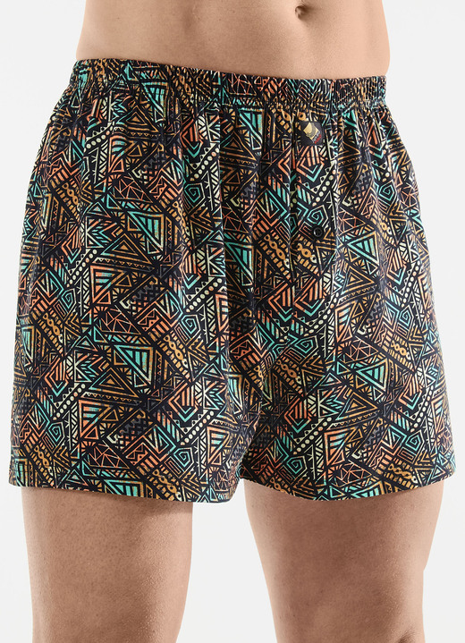 Unterwäsche - Dreierpack Boxershorts mit knöpfbarem Eingriff, in Größe 005 bis 016, in Farbe 3X SCHWARZ-BUNT