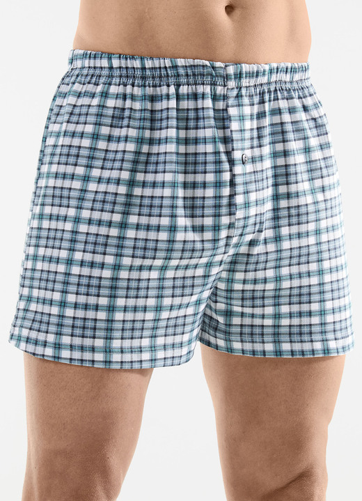 Unterwäsche - Viererpack Boxershorts mit knöpfbarem Eingriff, in Größe 005 bis 016, in Farbe 2X PETROL-WEISS, 2X UNI SCHWARZ