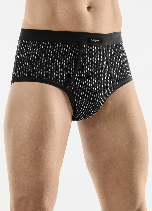 Unterwäsche - Viererpack Slips mit Eingriff aus Feinjersey, in Größe 005 bis 011, in Farbe 2X SCHWARZ-BUNT, 2X UNI SCHWARZ