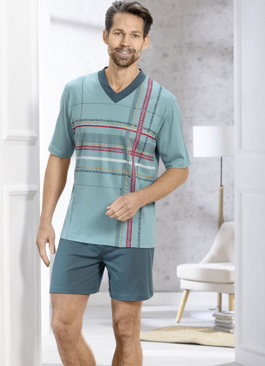Mode - Shorty mit V-Ausschnitt und Druckmotiv, in Größe 046 bis 062, in Farbe PETROL-BUNT Ansicht 1