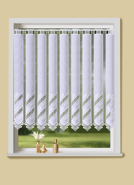 Landhaus & Küche - Kleinfenster-Store mit Macramé-Abschluss, in Größe 823 (H35xB120 cm) bis 890 (H90xB200 cm), in Farbe WEISS Ansicht 1