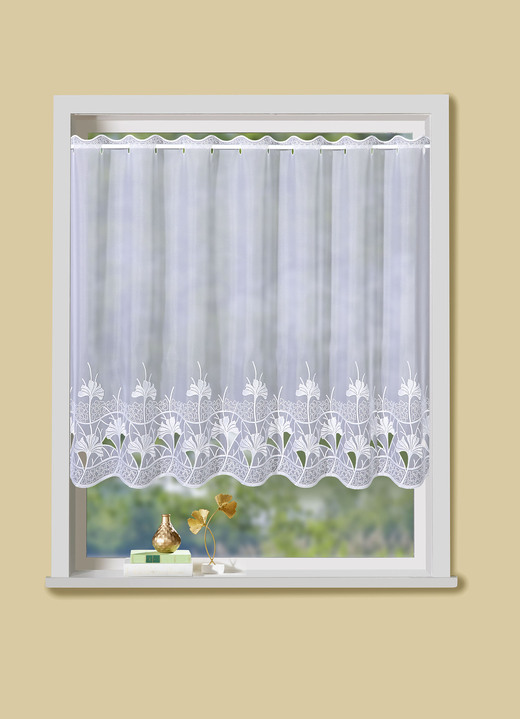 Landhaus & Küche - Kleinfenster-Store mit Ginko-Motiv, in Größe 854 (H 65xB 95 cm) bis 894 (H120xB148 cm), in Farbe WEISS