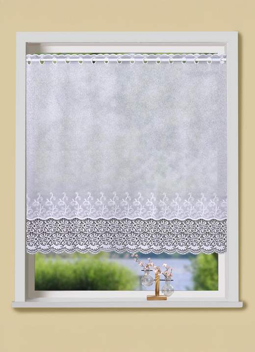 Landhaus & Küche - Kleinfenster-Store mit gebogtem Macramé-Abschluss, in Größe 824 (H 45xB100 cm) bis 899 (H100xB200 cm), in Farbe WEISS Ansicht 1