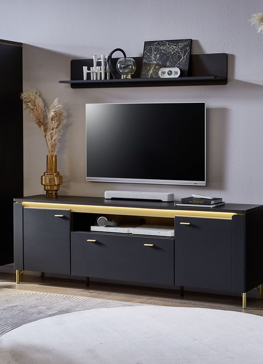 Hifi- &  TV-Möbel - TV-Longboard mit LED-Beleuchtung und Wandregal, in Farbe SCHWARZ-GOLD, in Ausführung groß Ansicht 1