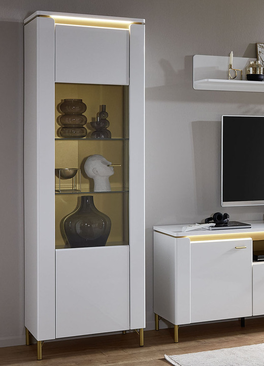 Vitrinen & Highboards - Vitrine mit LED-Beleuchtung und Softclose, in Farbe WEISS-GOLD, in Ausführung 1-türig Ansicht 1