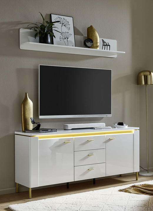 Hifi- &  TV-Möbel - TV-Longboard mit LED-Beleuchtung, in Farbe WEISS-GOLD, in Ausführung klein Ansicht 1