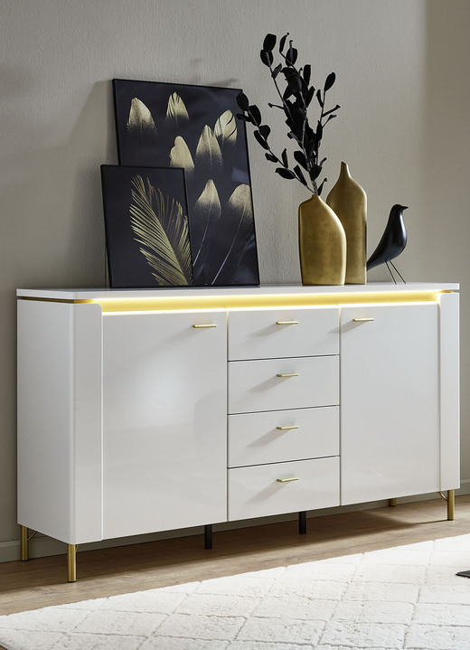 Sideboards & Kommoden - Sideboard mit LED-Beleuchtung und Softclose, in Farbe WEISS-GOLD Ansicht 1