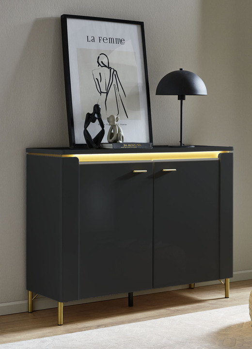 Sideboards & Kommoden - Kommode mit LED-Beleuchtung und Softclose, in Farbe WEISS-GOLD Ansicht 2