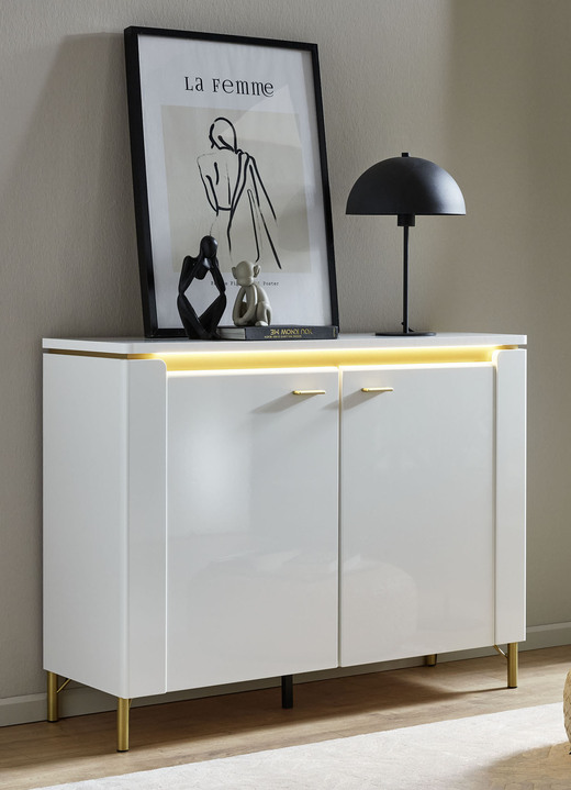 Sideboards & Kommoden - Kommode mit LED-Beleuchtung und Softclose, in Farbe WEISS-GOLD Ansicht 1