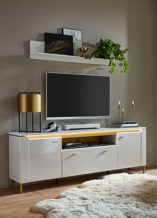 Hifi- &  TV-Möbel - TV-Longboard mit LED-Beleuchtung, in Farbe WEISS-GOLD, in Ausführung groß Ansicht 1