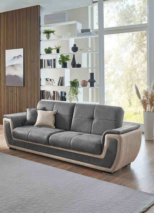 Funktions-Polstermöbel - Polstermöbel mit Liegefunktion und Bettkasten Ansicht 2 Funktions-Polstermöbel - Polstermöbel mit Liegefunktion und Bettkasten, in Farbe GRAU-CREME, in Ausführung Polstergruppe, 2-teilig mit Sessel Ansicht 2