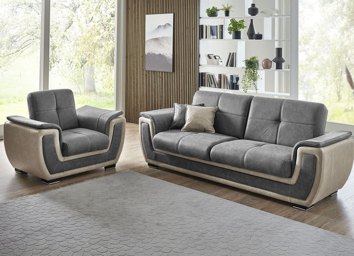 Funktions-Polstermöbel - Polstermöbel mi Bettfunktion, in Farbe GRAU-CREME, in Ausführung Polstergruppe, 2-teilig mit Sessel Ansicht 1