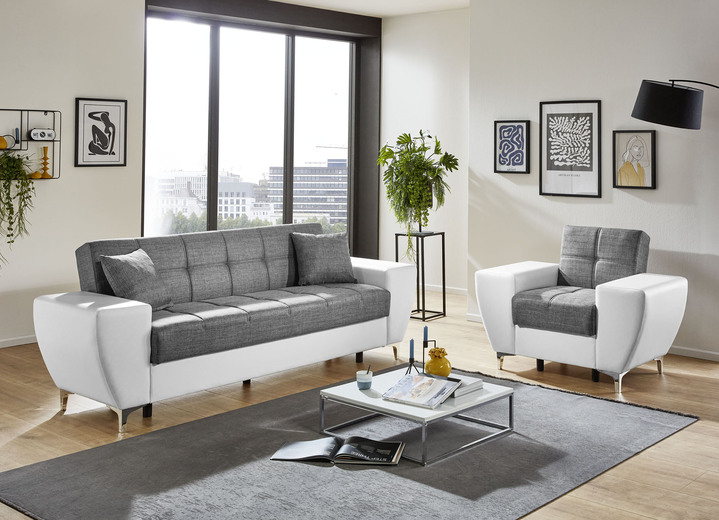 Funktions-Polstermöbel - Frei im Raum aufstellbare Polstermöbel mit Bettkasten und Liegefunktion, in Farbe GRAU-WEISS, in Ausführung Posltergruppe, 2-teilig (1 Dreisitzer und 1 Sessel) Ansicht 1
