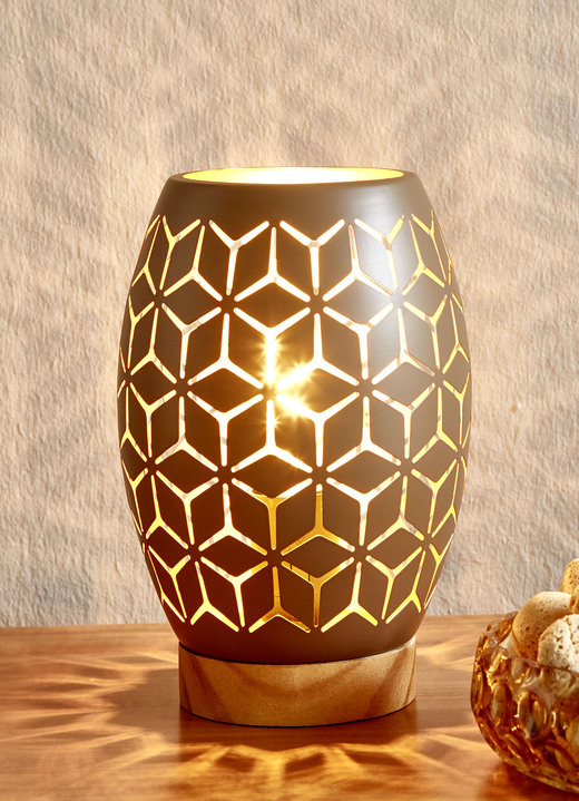Lampen & Leuchten - Tischleuchte mit Metall-Lampenschirm und Holz-Sockel, in Farbe BRAUN-GOLD Ansicht 1