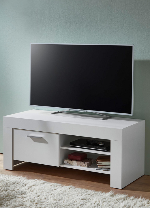 Hifi- &  TV-Möbel - TV-Longboard mit Griffen in Aluminium-Optik, in Farbe WEISS, in Ausführung klein Ansicht 1