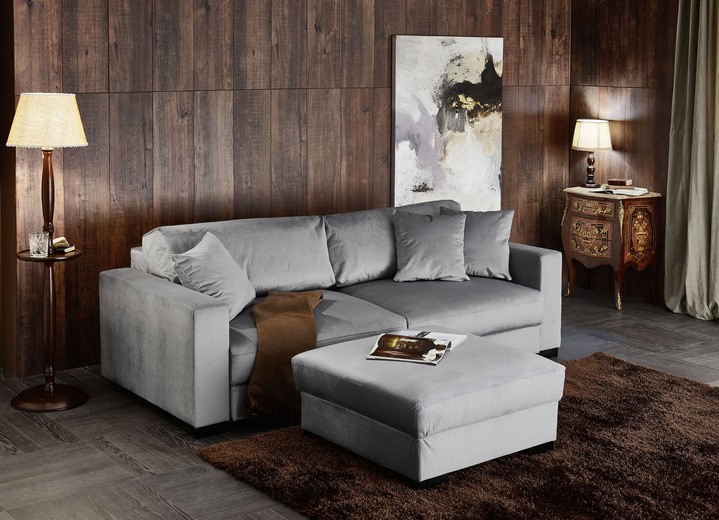 Schlafsofas - Schlafsofa mit bequemer Schaumstoffpolsterung, in Farbe GRAU, in Ausführung Mit Hocker Ansicht 1