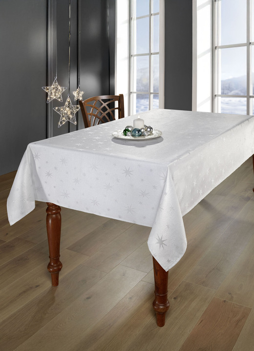 Tischdecken - Tischdekoration mit Fleckschutz und Glitzergarn Ansicht 4 Tischdecken - Tischdekoration mit Fleckschutz und Glitzergarn, in Größe 105 (Läufer, 40/150 cm) bis 140 (Tischdecke, 140/220 cm), in Farbe WEISS-SILBER Ansicht 4