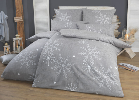 Bettwäschegarnituren - Florella Bettwäsche-Garnitur mit Schneeflocken und Eiskristalle, in Größe 111 (40/80 cm + 135/200 cm) bis 115 (80/80 cm + 155/220 cm), in Farbe GRAU