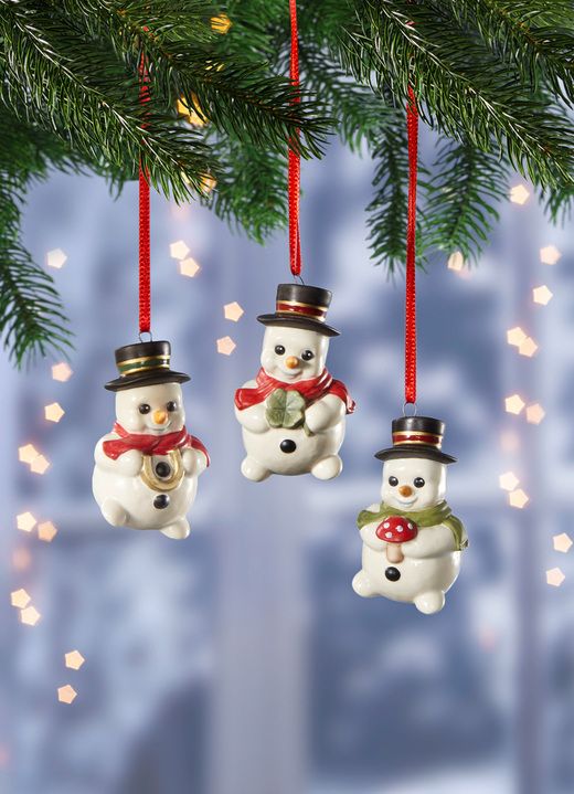 Christbaumschmuck - Schneemannhänger aus Feinsteingut, 3er-Set, in Farbe BUNT