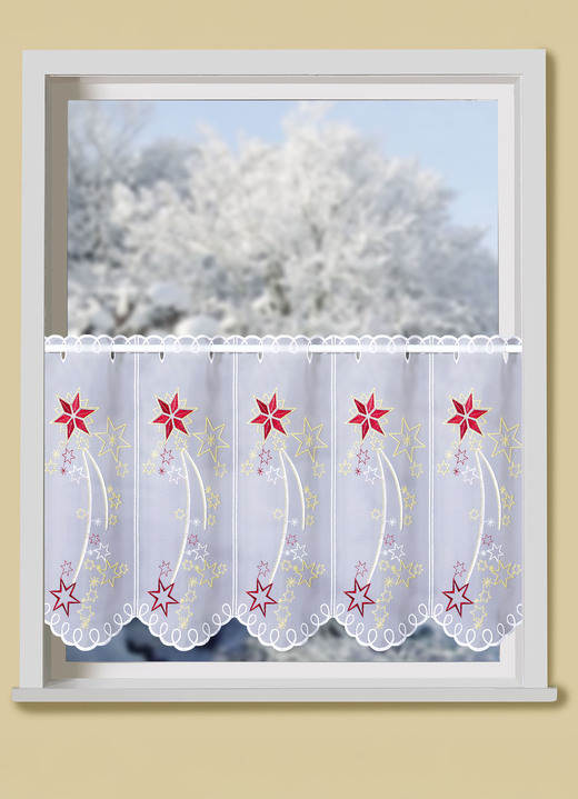 Fensterdekorationen - Kurzstore mit echter Plauener Stickerei und metallisiertem Garn Ansicht 1 Fensterdekorationen - Kurzstore mit echter Plauener Stickerei und metallisiertem Garn, in Größe 786 (H45xB 95 cm) bis 794 (H45xB193 cm), in Farbe WEISS-ROT-GOLD Ansicht 1