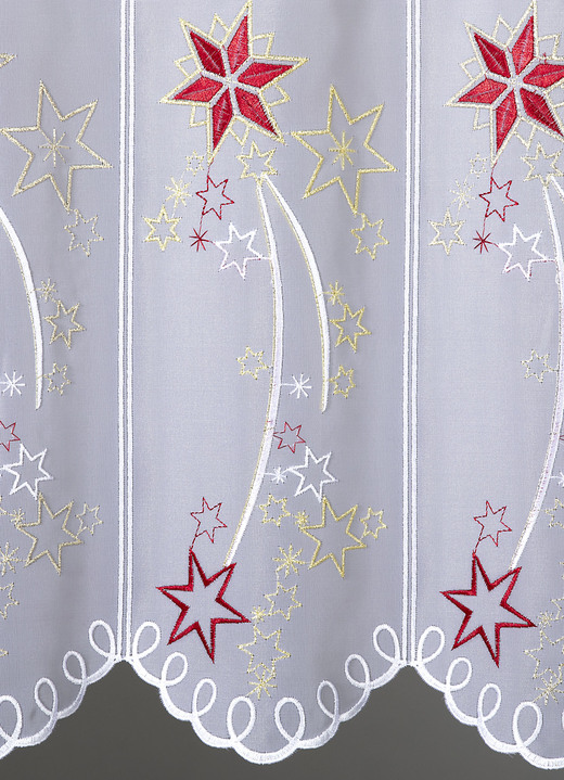 Fensterdekorationen - Kurzstore mit echter Plauener Stickerei und metallisiertem Garn Ansicht 2 Fensterdekorationen - Kurzstore mit echter Plauener Stickerei und metallisiertem Garn, in Größe 786 (H45xB 95 cm) bis 794 (H45xB193 cm), in Farbe WEISS-ROT-GOLD Ansicht 2