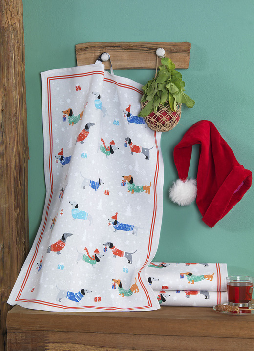 Handtücher - Geschirrtücher mit Weihnachtsdackel-Motiv, 3er-Set, in Farbe BUNT