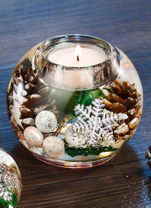 Weihnachtliche Dekorationen - Teelichthalter aus mundgeblasenem Glas Ansicht 1 Weihnachtliche Dekorationen - Teelichthalter aus mundgeblasenem Glas, in Farbe WEISS-GRÜN, in Ausführung Kugel Ansicht 1