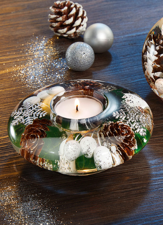 Weihnachtliche Dekorationen - Teelichthalter aus mundgeblasenem Glas Ansicht 3 Weihnachtliche Dekorationen - Teelichthalter aus mundgeblasenem Glas, in Farbe WEISS-GRÜN, in Ausführung Kugel Ansicht 3