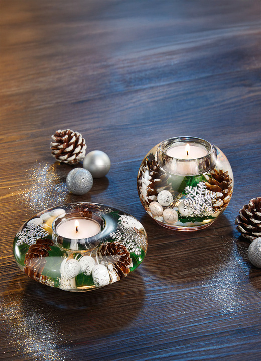 Weihnachtliche Dekorationen - Teelichthalter aus mundgeblasenem Glas Ansicht 2 Weihnachtliche Dekorationen - Teelichthalter aus mundgeblasenem Glas, in Farbe WEISS-GRÜN, in Ausführung Kugel Ansicht 2