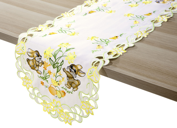 Tischdecken - Tisch- und Raumdekoration mit Hasen-Motiven, in Größe 101 (Läufer, 40x 85 cm) bis 404 (Kissenbezug, 40x 40 cm), in Farbe SEKT/BUNT Ansicht 4